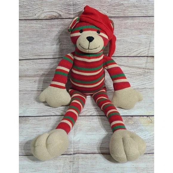 World Market Plush Sock Monkey Teddy Bear Stuffed Animal Striped Christmas 2006 - Picture 1 of 5